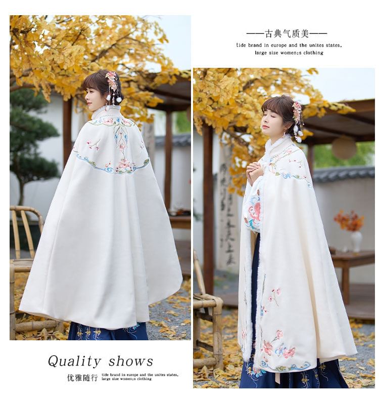 Stand Collar Floral Embroidered Fluffy Trim Tie Front Hanfu Cape SpreePicky