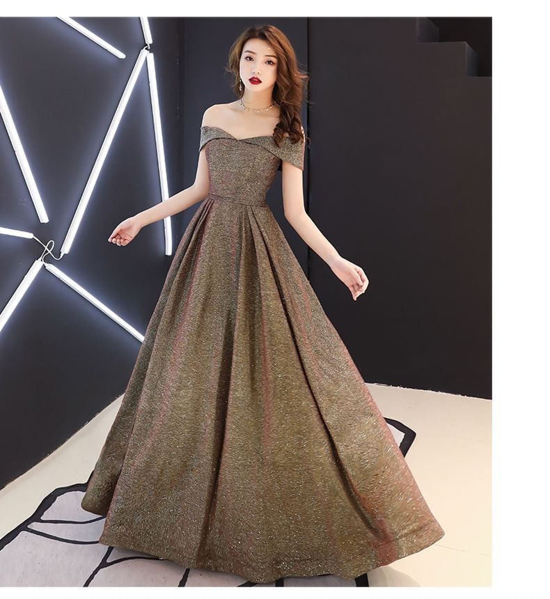 Off Shoulder Plain A-Line Evening Gown SpreePicky