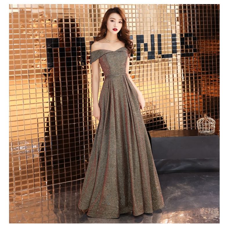 Off Shoulder Plain A-Line Evening Gown SpreePicky