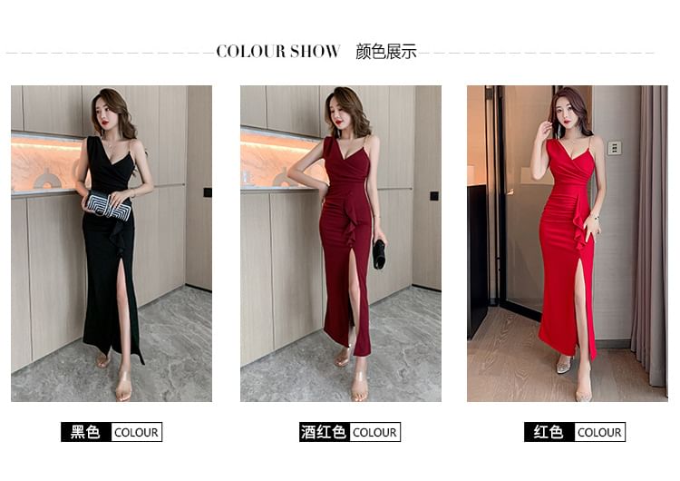 Spaghetti Strap V-Neck Plain Slit Maxi Sheath Dress SpreePicky