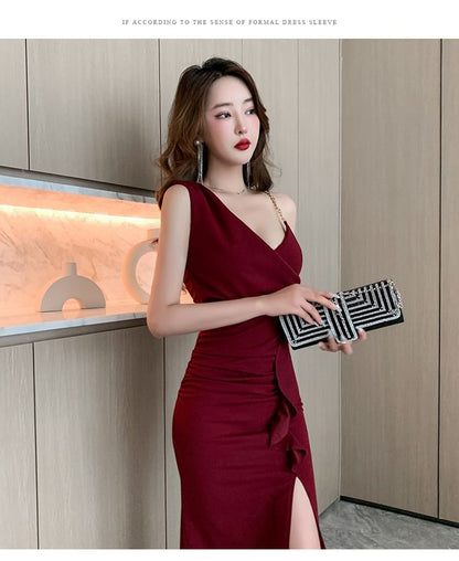 Spaghetti Strap V-Neck Plain Slit Maxi Sheath Dress SpreePicky