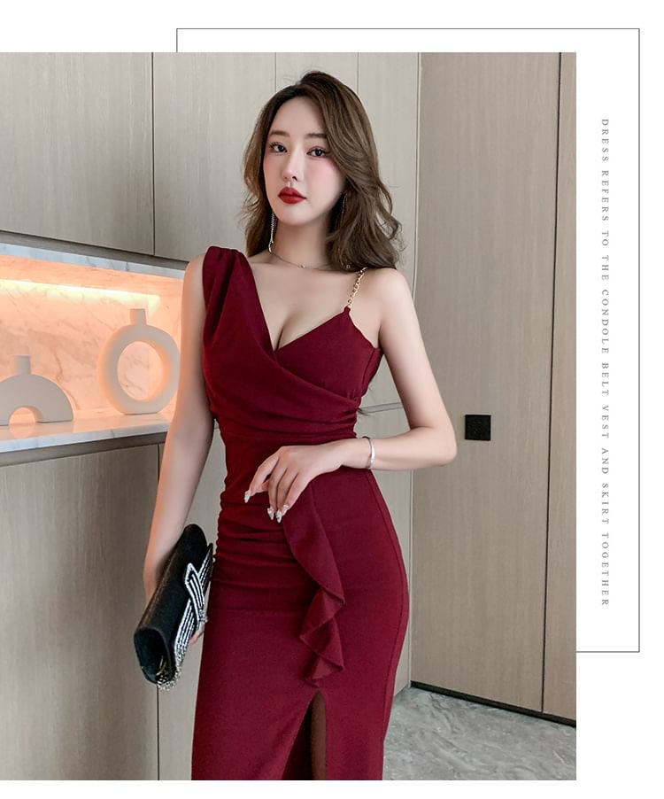 Spaghetti Strap V-Neck Plain Slit Maxi Sheath Dress SpreePicky