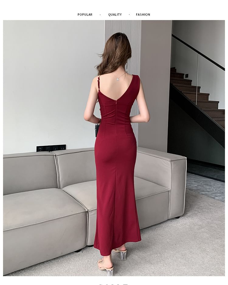 Spaghetti Strap V-Neck Plain Slit Maxi Sheath Dress SpreePicky