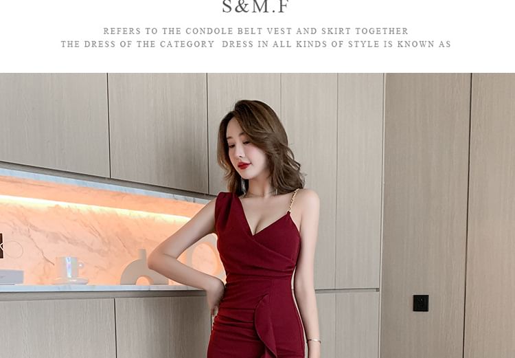 Spaghetti Strap V-Neck Plain Slit Maxi Sheath Dress SpreePicky