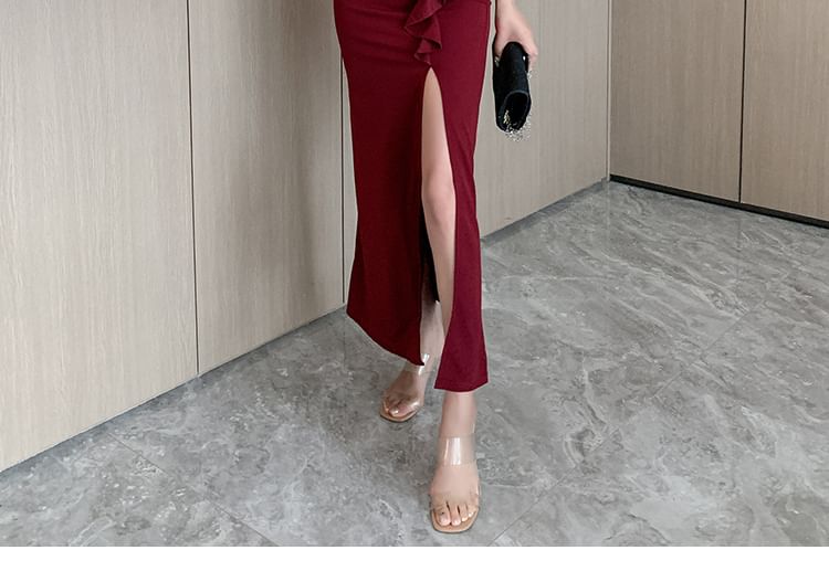 Spaghetti Strap V-Neck Plain Slit Maxi Sheath Dress SpreePicky