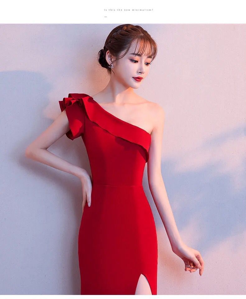 Single Shoulder Plain Sheath Evening Gown SpreePicky