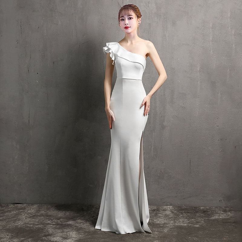 Single Shoulder Plain Sheath Evening Gown SpreePicky