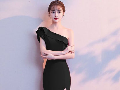 Single Shoulder Plain Sheath Evening Gown SpreePicky