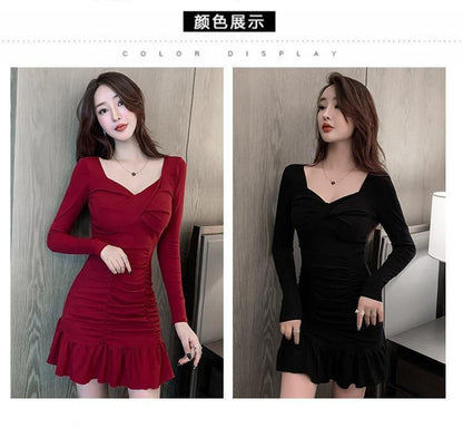 Long-Sleeve V-Neck Plain Mini Bodycon Dress SpreePicky