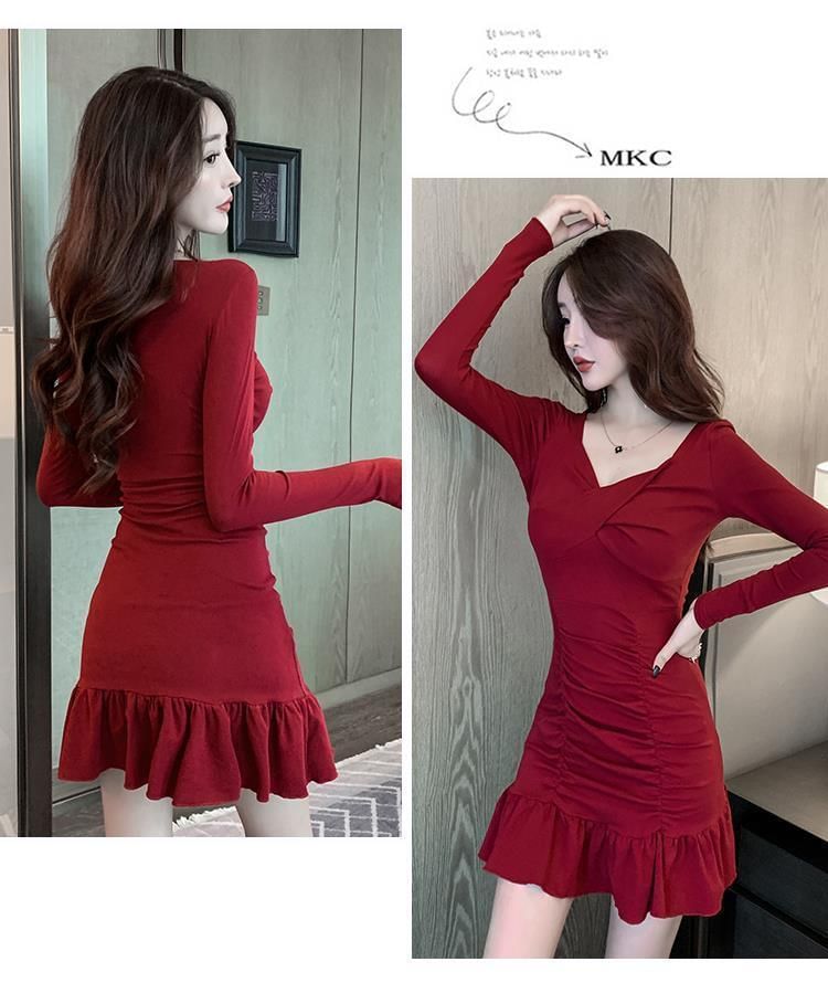 Long-Sleeve V-Neck Plain Mini Bodycon Dress SpreePicky