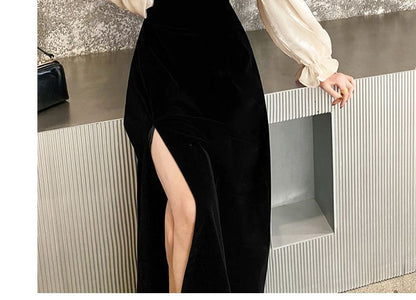 Long-Sleeve Cold Shoulder Two Tone A-Line Evening Gown SpreePicky