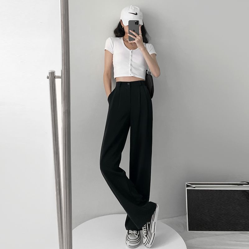 High-Waist Plain Straight Leg Dress Pants SpreePicky