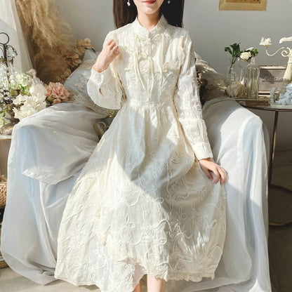 Long-Sleeve Mandarin Collar Plain Ruffle Frog Closure Midi A-Line Dress mySite