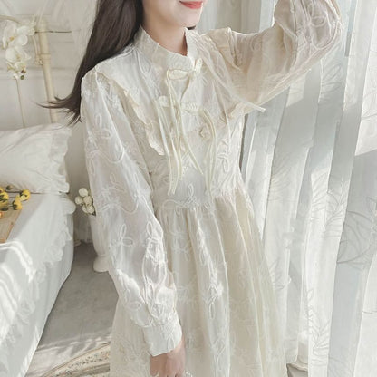 Long-Sleeve Mandarin Collar Plain Ruffle Frog Closure Midi A-Line Dress mySite