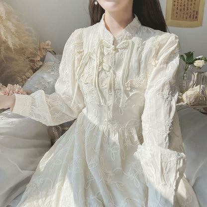 Long-Sleeve Mandarin Collar Plain Ruffle Frog Closure Midi A-Line Dress mySite