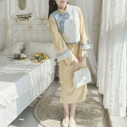 Long-Sleeve Floral Embroidered Panel Midi A-Line Qipao / Round Neck Frog Closure Vest / Set mySite