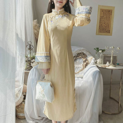 Long-Sleeve Floral Embroidered Panel Midi A-Line Qipao / Round Neck Frog Closure Vest / Set mySite