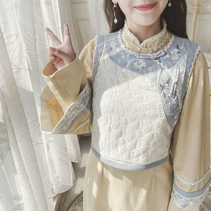 Long-Sleeve Floral Embroidered Panel Midi A-Line Qipao / Round Neck Frog Closure Vest / Set mySite