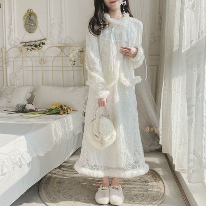 Set: Round Neck Plain Sequin Fluffy Trim Lace Overlay Frog Closure Jacket + High Waist Midi A-Line Skirt mySite