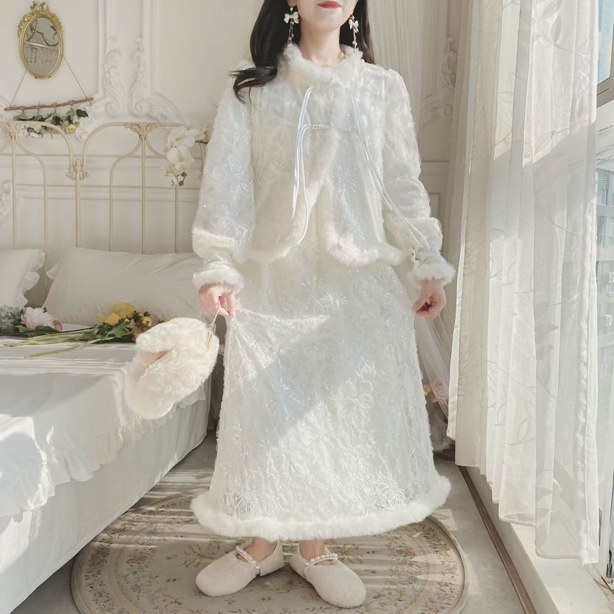 Set: Round Neck Plain Sequin Fluffy Trim Lace Overlay Frog Closure Jacket + High Waist Midi A-Line Skirt mySite