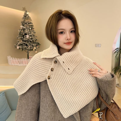 Turtleneck Plain Buttoned Knit Shawl SpreePicky