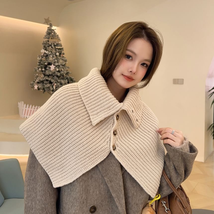 Turtleneck Plain Buttoned Knit Shawl SpreePicky