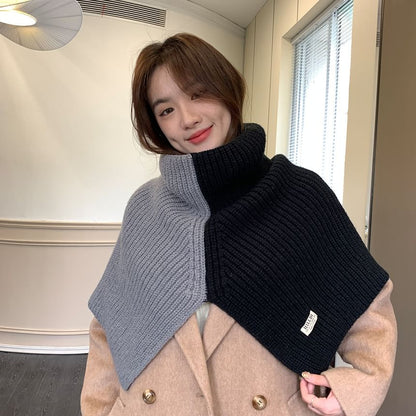 Turtleneck Two Tone Slit Knit Shawl SpreePicky