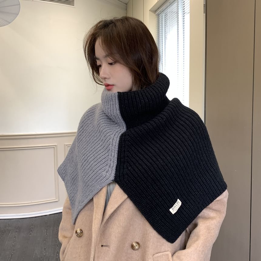 Turtleneck Two Tone Slit Knit Shawl SpreePicky