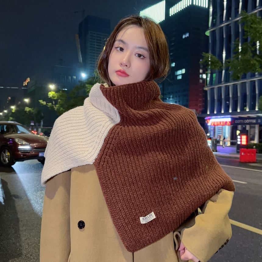 Turtleneck Two Tone Slit Knit Shawl SpreePicky