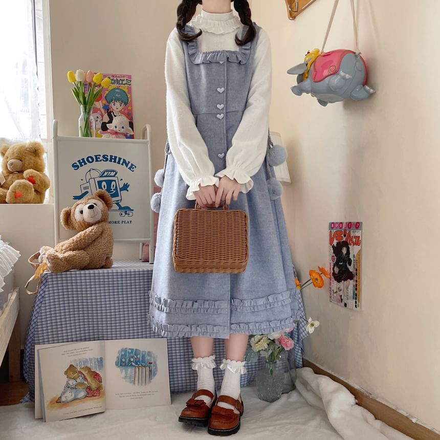 Long-Sleeve Mock Neck Plain Ruffle Top / Square Neck Plain Ruffle Heart Button Midi A-Line Overall Dress SpreePicky