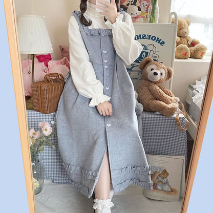 Long-Sleeve Mock Neck Plain Ruffle Top / Square Neck Plain Ruffle Heart Button Midi A-Line Overall Dress SpreePicky