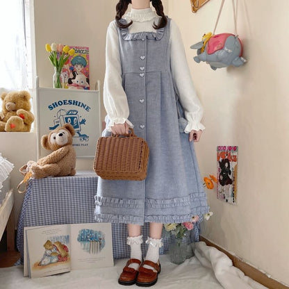 Long-Sleeve Mock Neck Plain Ruffle Top / Square Neck Plain Ruffle Heart Button Midi A-Line Overall Dress SpreePicky