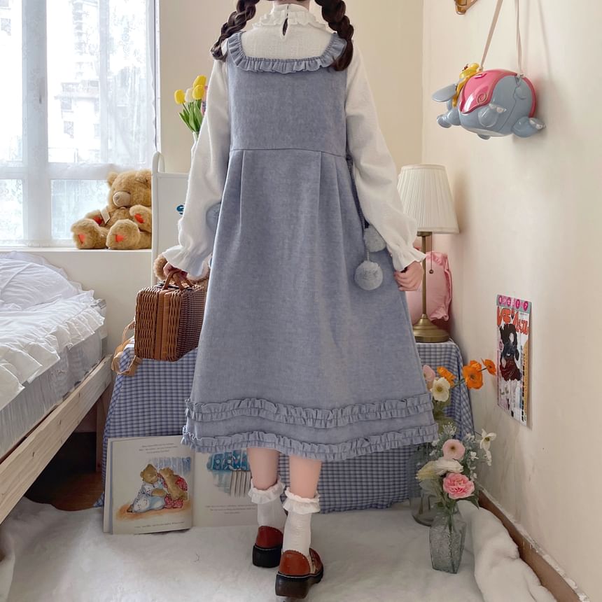 Long-Sleeve Mock Neck Plain Ruffle Top / Square Neck Plain Ruffle Heart Button Midi A-Line Overall Dress SpreePicky