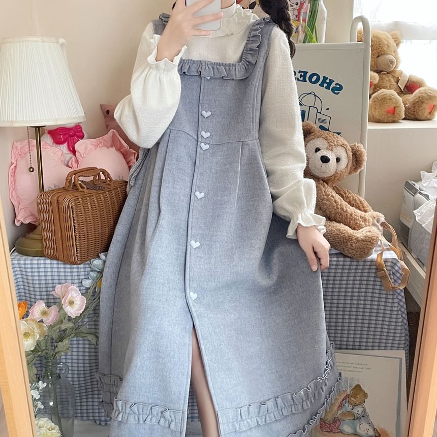 Long-Sleeve Mock Neck Plain Ruffle Top / Square Neck Plain Ruffle Heart Button Midi A-Line Overall Dress SpreePicky