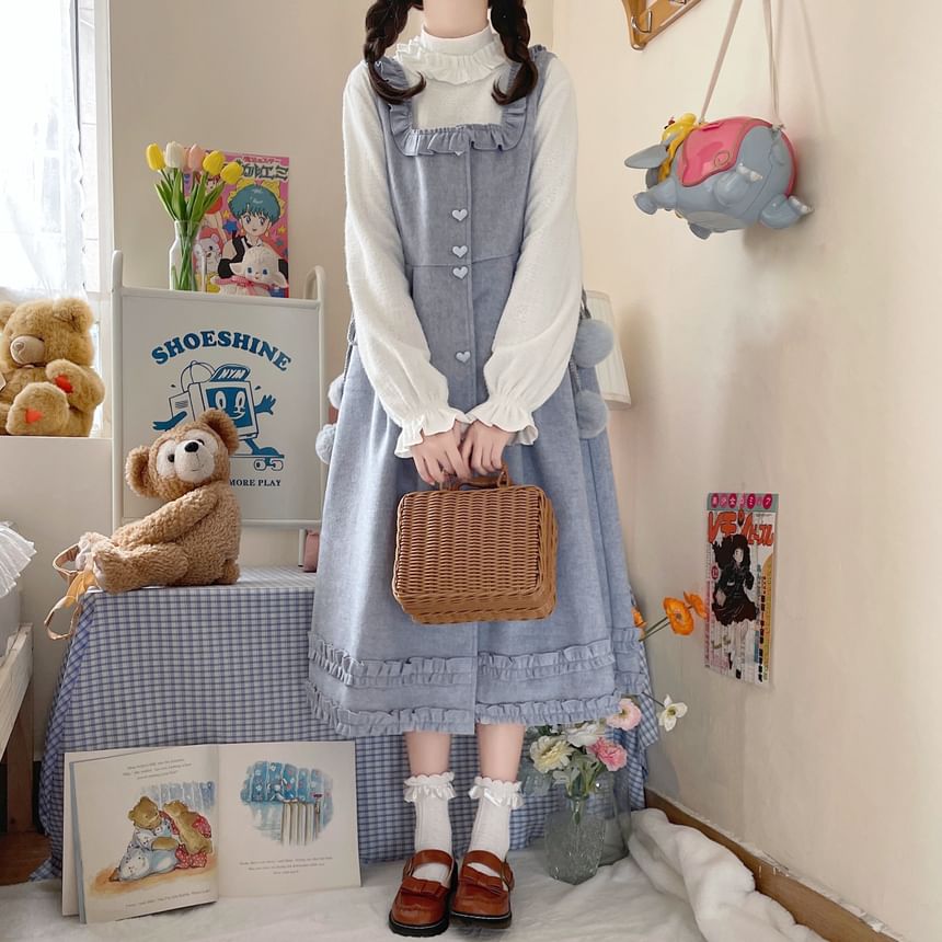 Long-Sleeve Mock Neck Plain Ruffle Top / Square Neck Plain Ruffle Heart Button Midi A-Line Overall Dress SpreePicky