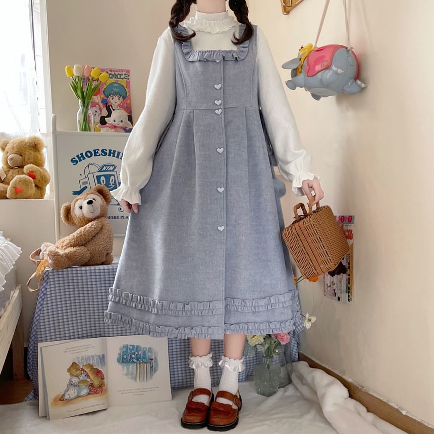 Long-Sleeve Mock Neck Plain Ruffle Top / Square Neck Plain Ruffle Heart Button Midi A-Line Overall Dress SpreePicky