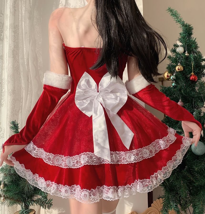 Pom Pom Ruffle Velvet Mini A-Line Tube Dress / Arm Sleeves / Tie Front Capelet / Christmas Party Costume Set SpreePicky