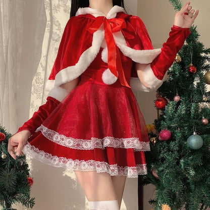 Pom Pom Ruffle Velvet Mini A-Line Tube Dress / Arm Sleeves / Tie Front Capelet / Christmas Party Costume Set SpreePicky