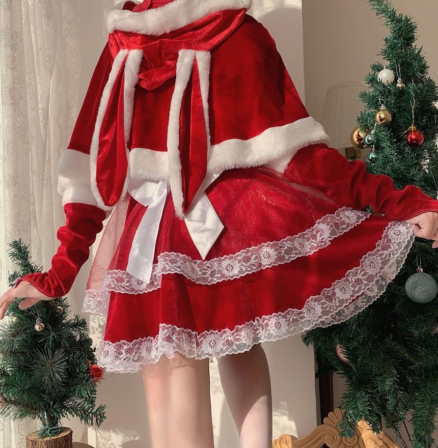 Pom Pom Ruffle Velvet Mini A-Line Tube Dress / Arm Sleeves / Tie Front Capelet / Christmas Party Costume Set SpreePicky