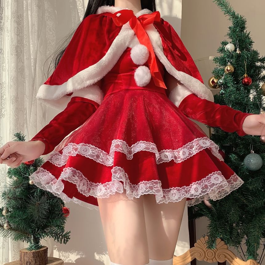 Pom Pom Ruffle Velvet Mini A-Line Tube Dress / Arm Sleeves / Tie Front Capelet / Christmas Party Costume Set SpreePicky