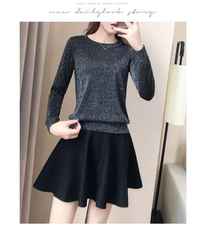 Crew Neck Glitter Sweater / High Waist Plain Mini A SpreePicky