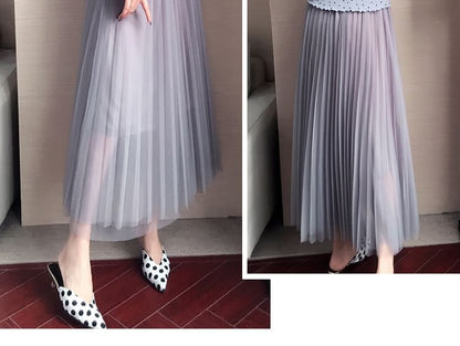 High Waist Plain Accordion Pleated Mesh Maxi A SpreePicky