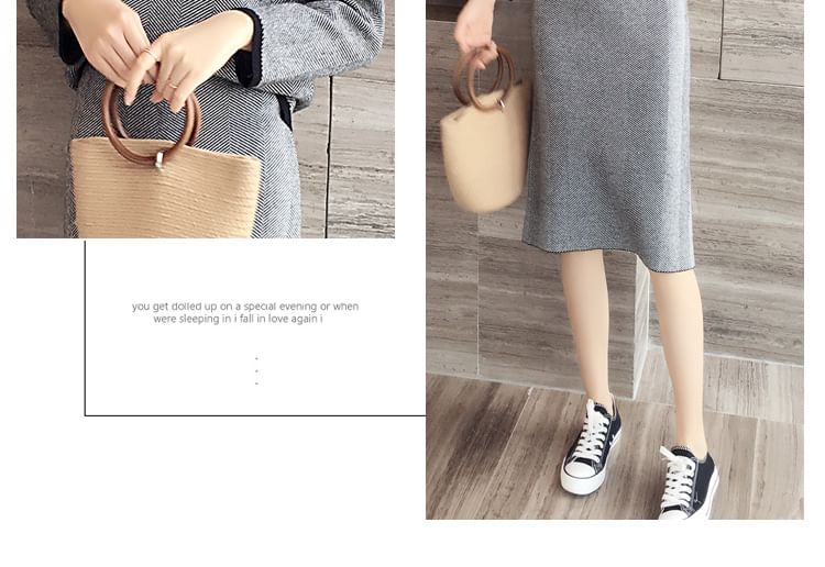 Set: Mock Neck Two Tone Sweater + High Waist Striped Midi Straight Skirt SpreePicky