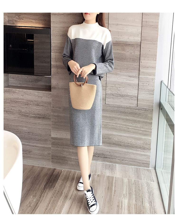 Set: Mock Neck Two Tone Sweater + High Waist Striped Midi Straight Skirt SpreePicky