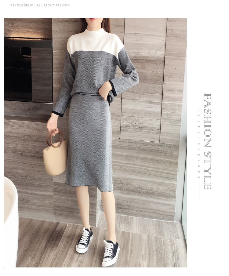 Set: Mock Neck Two Tone Sweater + High Waist Striped Midi Straight Skirt SpreePicky