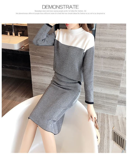 Set: Mock Neck Two Tone Sweater + High Waist Striped Midi Straight Skirt SpreePicky