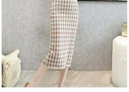 High Waist Houndstooth Midi Pencil Skirt SpreePicky