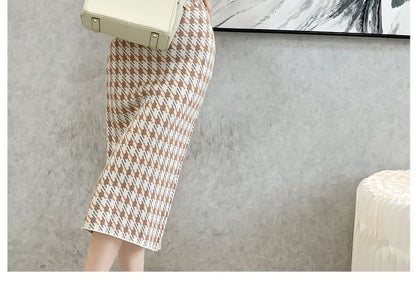 High Waist Houndstooth Midi Pencil Skirt SpreePicky