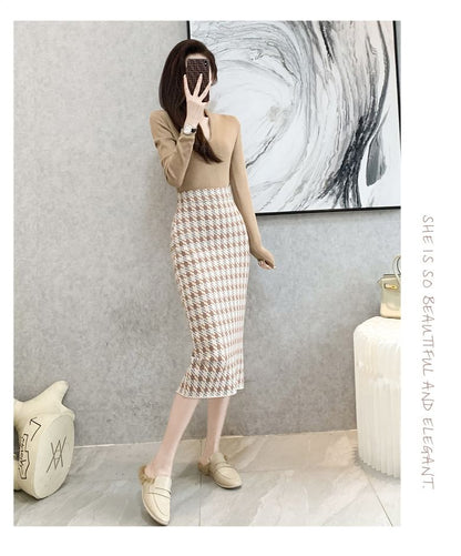 High Waist Houndstooth Midi Pencil Skirt SpreePicky