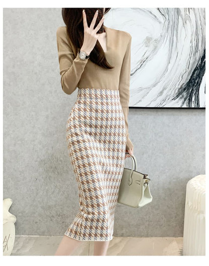 High Waist Houndstooth Midi Pencil Skirt SpreePicky